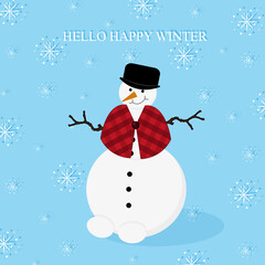 A winter card with a snowman in a bowler hat and plaid cape, hands made of branches on blue background with falling snowflakes and inscription hello happy winter. Flat picture with English snowman. 