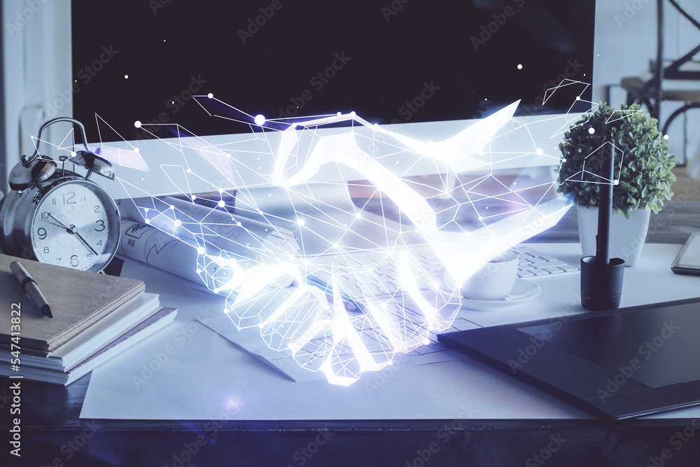 Poster desktop computer background in office and handshake hologram drawing. double exposure. pertnership c