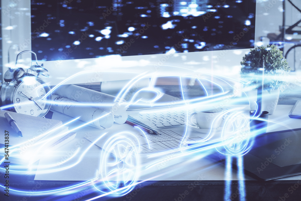 Poster Desktop computer background in office with automobile hologram drawing. Multi exposure. Tech concept.