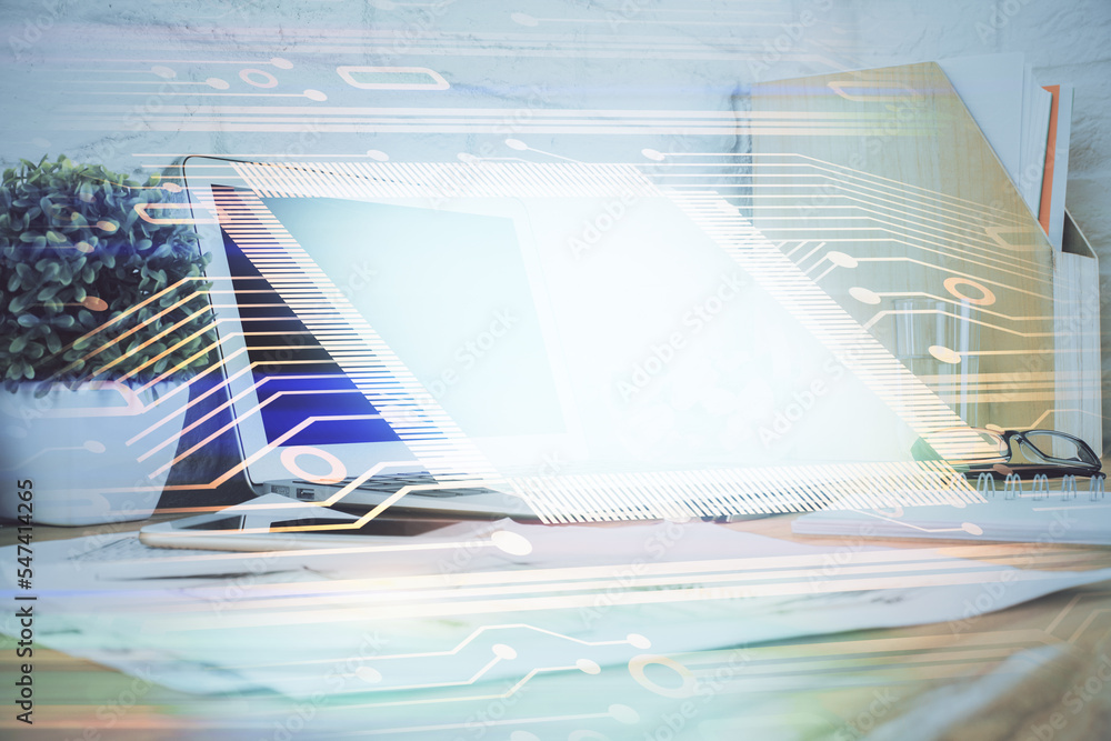 Aufkleber Multi exposure of desktop with personal computer and tech theme drawing. Concept of Bigdata.