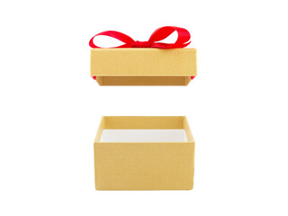 open empty gold gift box with red ribbon bow (lid floating) isolated on white background, square...