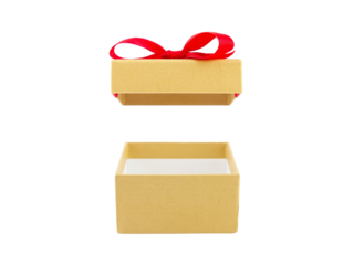 open empty gold gift box with red ribbon bow (lid floating) isolated on white background, square cardboard box wrapped with luxury golden paper for put present in holiday festive event