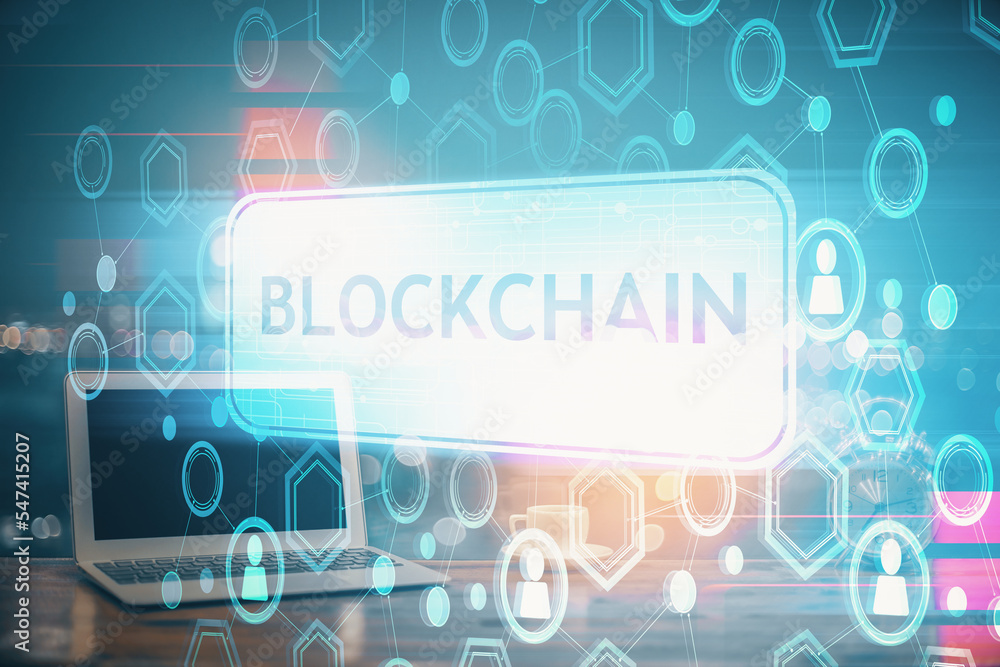 Aufkleber Multi exposure of blockchain theme hologram and table with computer background. Concept of bitcoin crypto currency.