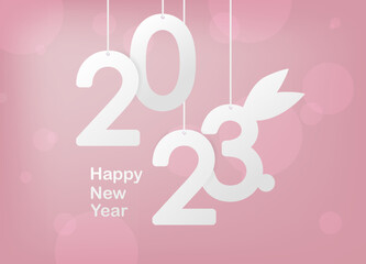 Happy new year 2023. Hanging white paper number with bunny ears. Greeting Card, Banner, Poster. Vector Illustration.