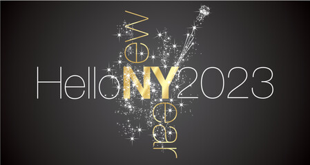 Hello New Year 2023 golden and white elegant black light typography lettering sparkle firework on black background banner © simbos