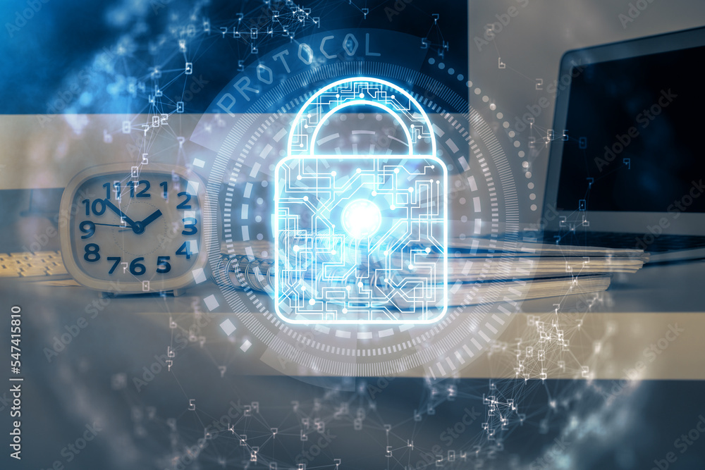 Poster Double exposure of desktop with computer and lock icon hologram. Concept of data safety.