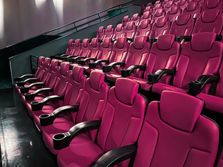 Cinema and entertainment, empty pink movie theatre seats for tv show streaming service and film...