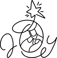Joy monoline calligraphy text and Christmas Vector religious Nativity Scene of baby Jesus with Joseph and star. Minimalist art line drawing, print for clothes and logo design