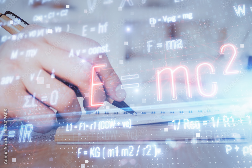 Poster student or teacher with mathematical and scientific formulas. concepts of education.