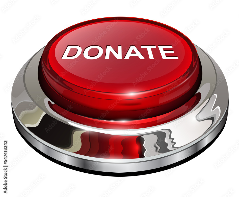 Poster Donate button, 3d red glossy metallic icon with chrome elements