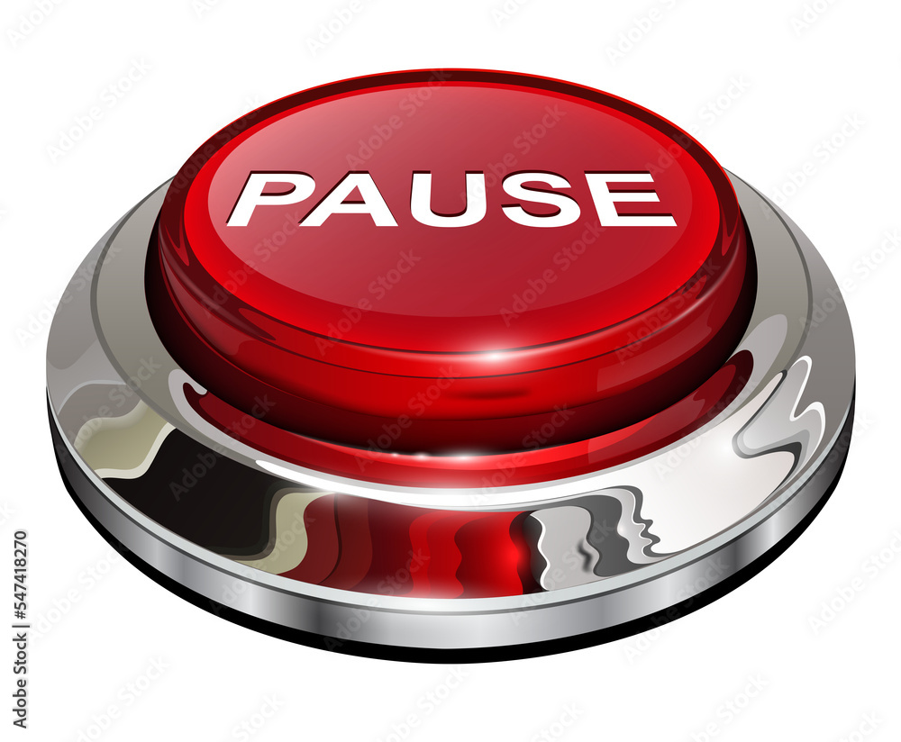 Poster Pause button, 3d red glossy metallic icon with chrome elements