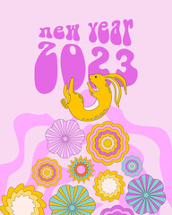 Fototapeta na wymiar Chinese New Year 2023 symbol. Psychedelic hare or rabbit. Retro 70s styles, shapes and colors.