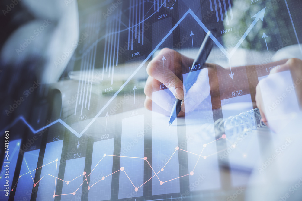 Poster financial forex graph displayed on hands taking notes background. concept of research. multi exposur