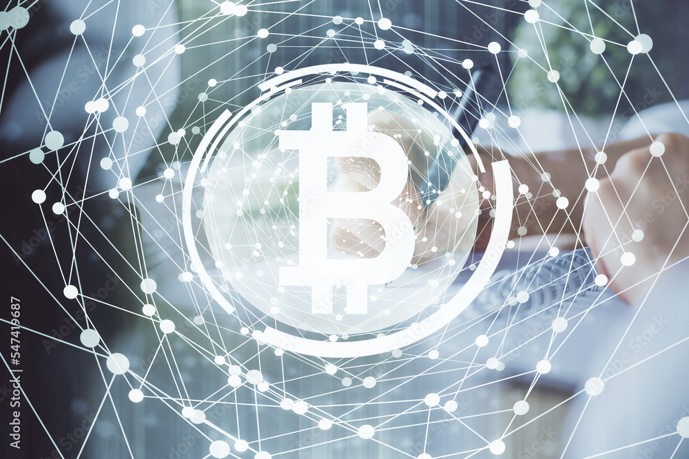 Poster cryptocurrency hologram, bitcoin, ico theme over hands taking notes background. concept of blockchai