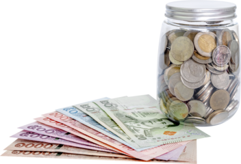 money banknote thai and coin in a piggy jar bank, saving money concept