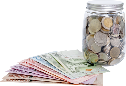 money banknote thai and coin in a piggy jar bank, saving money concept