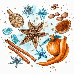 Fototapeta premium Christmas watercolor illustration with winter accessories or elements