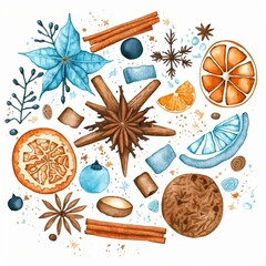 Christmas watercolor illustration with winter accessories or elements