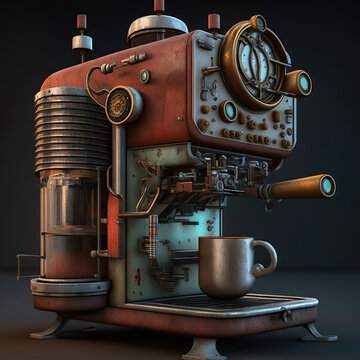 AI generated image of a steampunk vintage coffee making machine 