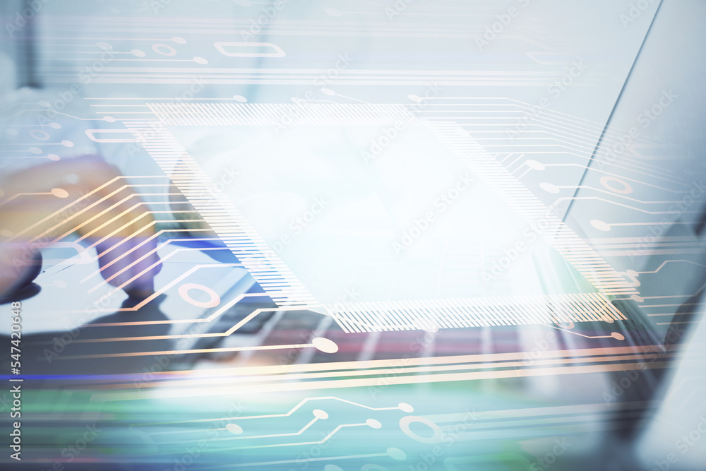 Aufkleber businessman with computer background with technology theme hologram. concept of big data. double exp