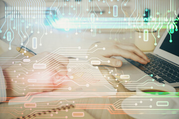 Businessman working on Laptop with technology theme drawing. Concept of big data. Double exposure.