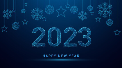 2023 Happy New Year with Christmas in Abstract low poly wireframe style. geometric background Celebrate party 2023. Xmas Poster, web banner, header website.