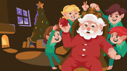 Obraz na płótnie Canvas Santa Claus and Elves enjoy together in the house