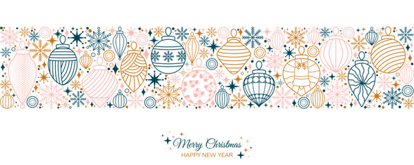 Fototapeta na wymiar Merry Christmas and Happy New Year Horizontal Banner Design. Geometric Christmas tree ornaments and snowflakes pattern vector illustration. Website header, greeting, promotion, invite, advertisement