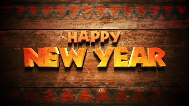 Happy New Year cartoon text on wood in night, motion abstract winter, cartoon, promo and holidays style background