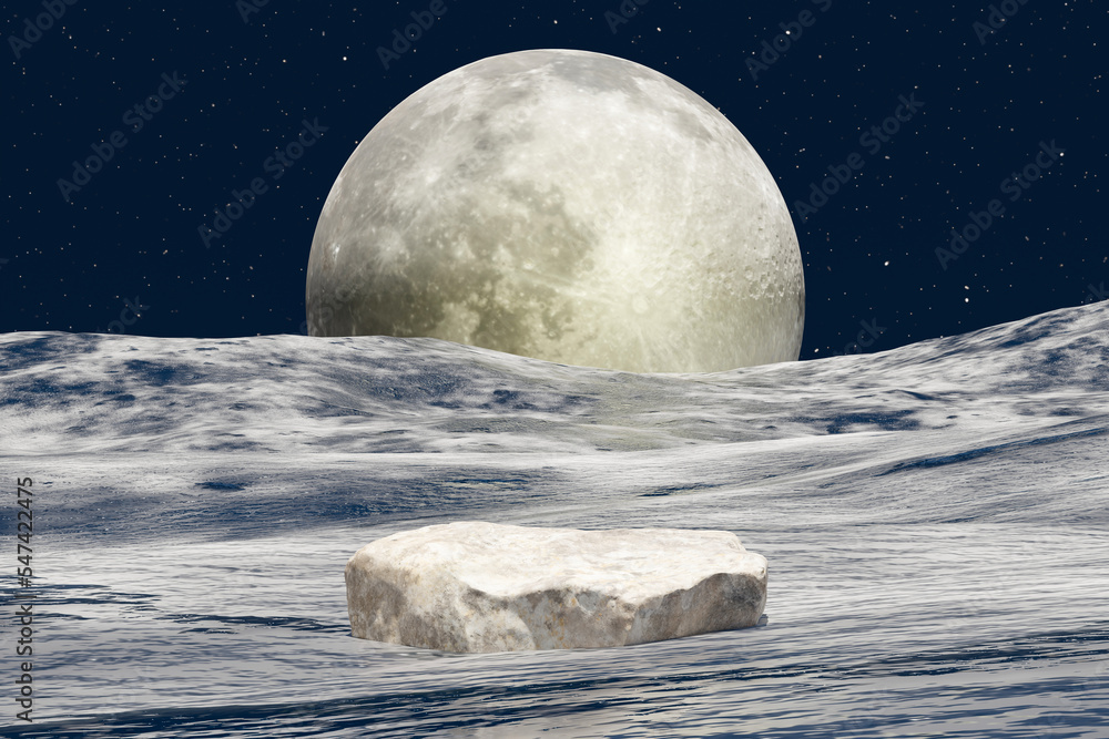 Wall mural 3d render platform and stone podium background on ice planet with ice snow covered ground, full moon