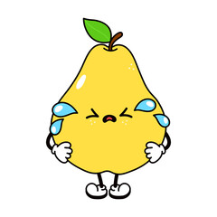 Cute funny crying sad yellow pear character. Vector hand drawn traditional cartoon vintage, retro, kawaii character illustration icon. Isolated on white background. Cry pear character concept