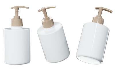 Fototapeta na wymiar Cosmetic dispenser mockup 3D render, white plastic care product bottle template isolated on white background