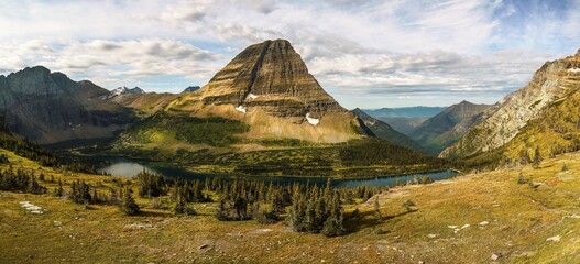 A view of Hidden Lake and Bearhat Mountain in Glacier National Park, Montana, USA