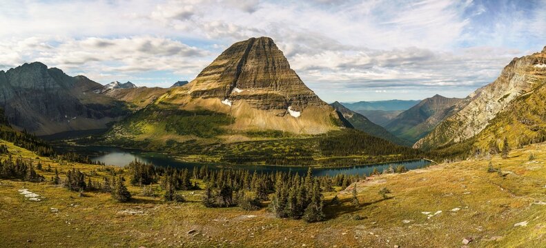 A view of Hidden Lake and Bearhat Mountain in Glacier National Park, Montana, USA