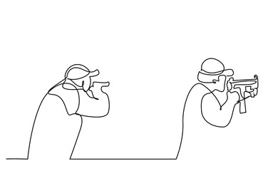 police officers holding a gun and taking a perimeter control protesting the attack