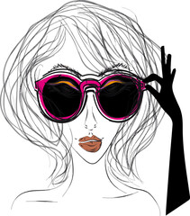 Model in sunglasses with pink frame, black glove