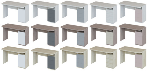 Modern writing desk made of wood, 15 color options, on a transparent background.
