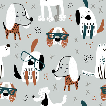 Childish seamless pattern with funny creative dogs in glasses. Trendy mint gray scandinavian vector background. Perfect for kids apparel,fabric, textile, nursery decoration,wrapping paper