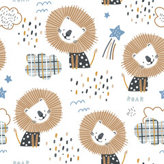 Seamless childish pattern with hand drawn lions, clouds, stars. Perfect for fabric,textile. Creative Vector background