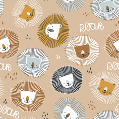 Seamless cartoon lion head pattern. Childish animals texture. Vector illustration