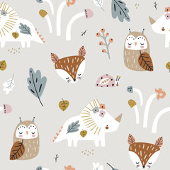 Childish forest pattern with dino, fox, owl, mushrooms. Woodland kids texture for fabric, textile, wallpaper. Vector illustration