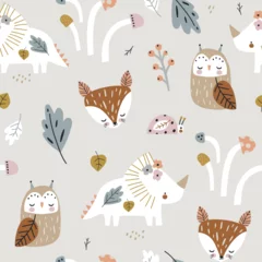 Door stickers Fox Childish forest pattern with dino, fox, owl, mushrooms. Woodland kids texture for fabric, textile, wallpaper. Vector illustration