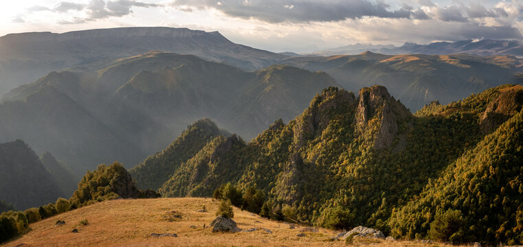 Caucasus Mountains and valleys in October, Russia in autumn