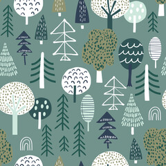 Woodland seamless pattern. Trendy forest texture with abstract hand drawn tree. Perfect for textile, fabric, apparel, wallpaper.Vector illustration