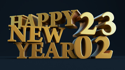 golden happy new year isolated on black background, 3D render