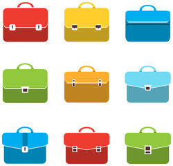 Briefcase, a set of colored cartoon business briefcases in a white outline. Vector illustration.