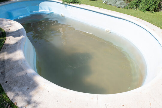 Dirty swimming pool at start of season with brown muddy water
