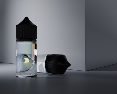 Two bottles for smoking liquid. Stylish environment for mock-up and presentation of a new smoking blend design. 3d rendering