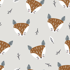 Childish forest pattern with cute fox heads and leaves. Woodland kids texture for fabric, textile, wallpaper. Vector illustration