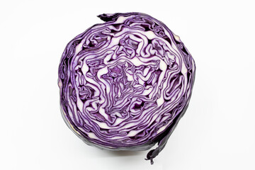 Cross section of a red cabbage on a white background